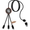 3-in-1 oplaadkabel van RPET met oplichtend logo en ronde houten behuizing