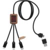 3-in-1 oplaadkabel van RPET met oplichtend logo en vierkante houten behuizing