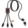 3-in-1 oplaadkabel van RPET met oplichtend logo en vierkante houten behuizing