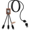 3-in-1 oplaadkabel van RPET met oplichtend logo en vierkante houten behuizing